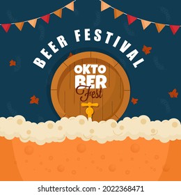 Oktoberfest Beer Festival Poster Design With Wooden Barrel Tap And Bunting Flags On Blue Background.