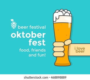 Oktoberfest beer festival poster design template. Glass of beer in his hand. Vector flat illustration