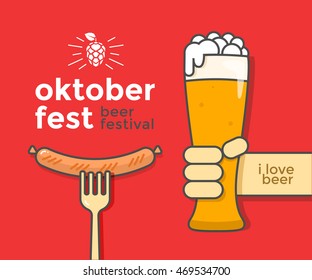 Oktoberfest beer festival poster design template. Glass of beer in his hand with sausage on fork. Vector flat illustration