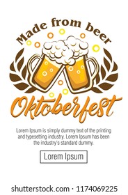 Oktoberfest beer festival - poster, greeting card with beer mugs, wheat ears and slogan