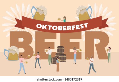 Oktoberfest. Beer festival poster with group of people, family and friends having fun against the huge beer. Editable vector illustration.