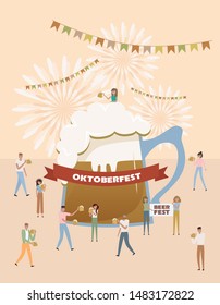 Oktoberfest. Beer festival poster with group of people, family and friends having fun against the huge beer. Editable vector illustration.