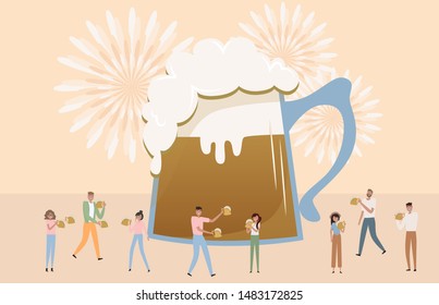 Oktoberfest. Beer festival poster with group of people, family and friends having fun against the huge beer. Editable vector illustration.