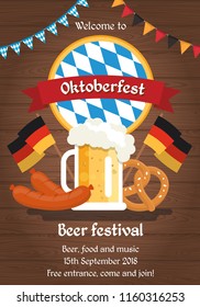 Oktoberfest beer festival poster, illustration template in flat style with beer cup, traditional food, German flags.