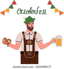 Oktoberfest beer festival poster. A man in a traditional Bavarian national costume with a mug of beer and pretzel. Flat vector illustration.