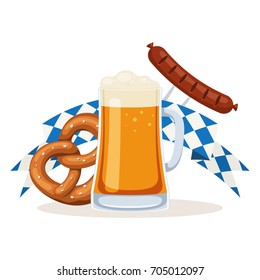 Oktoberfest beer festival poster. Beer mug, Bavarian pretzel and fried sausage. Vector illustration in cartoon style