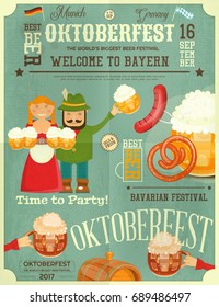 Oktoberfest Beer Festival Poster - Beer Mugs with Foam, Sausage, Pretzel on Retro Background. Vector Illustration.