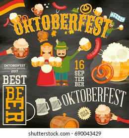 Oktoberfest Beer Festival Poster - Beer Mugs with Foam, Sausage, Pretzel on Chalkboard Background. Vector Illustration.
