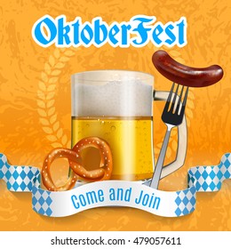 Oktoberfest beer festival poster with realistic beer mug, pretzel and Bavarian sausage on a fork. Vector illustration poster invitation. EPS 10