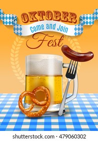 Oktoberfest beer festival poster with realistic beer mug, pretzel and Bavarian sausage on a fork. Vector illustration poster invitation. EPS 10