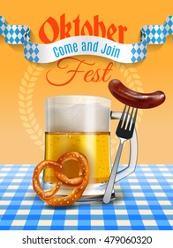 Oktoberfest beer festival poster with realistic beer mug, pretzel and Bavarian sausage on a fork. Vector illustration poster invitation. EPS 10