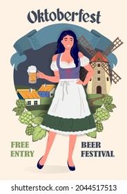 Cartel del Festival de Cervezas Oktoberfest de estilo retro. Chica del Oktoberfest vestida con ropa tradicional nacional alemana con un vaso de cerveza en el fondo de un paisaje rural. Ilustración vectorial plana