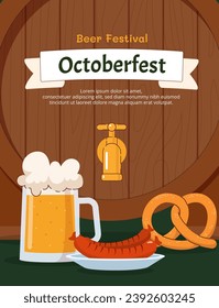 Oktoberfest beer festival poster. Traditional german holiday. Barrel with alcoholic drink and beverage, sausages and pretzel. Graphic element for website. Cartoon flat vector illustration