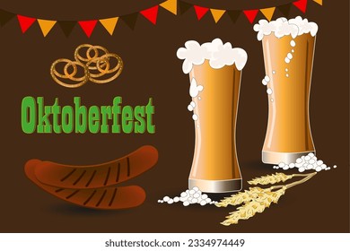 OKTOBERFEST BEER FESTIVAL. Pretzel, bavarian sausages and two Beers