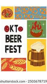 Oktoberfest beer festival. Retro beer vector poster with inscription. Glass and wooden beer mug, snacks, street food, wheat and hops. Trendy retro art for pub, bar, holiday party advertising