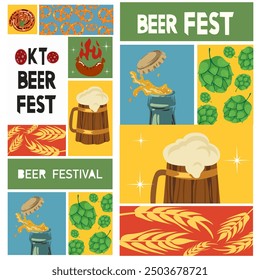 Festival de cerveza Oktoberfest. Cartel de Vector de cerveza retro con inscripción. Taza de cerveza de vidrio y madera, aperitivos, comida callejera, trigo y lúpulo. Arte retro de moda para pub, bar, publicidad de fiesta