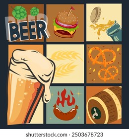 Oktoberfest beer festival. Retro beer vector poster with inscription. Glass and wooden beer mug, snacks, street food, wheat and hops. Trendy retro art for pub, bar, holiday party advertising