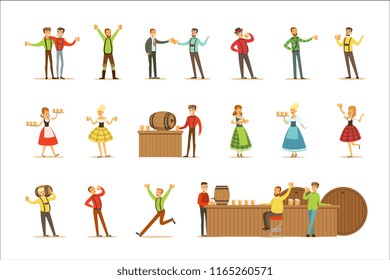Oktoberfest Beer Festival Scenes With People In Bavarian Traditional Costumes Drinking Beer And Having Fun Set
