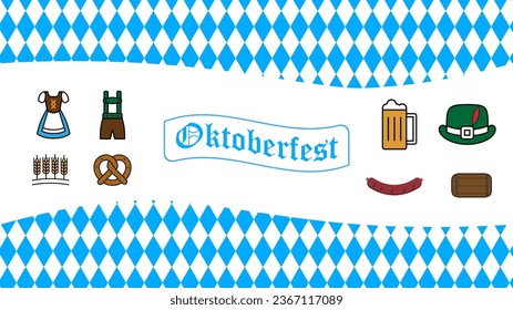 Festival de Cervezas Oktoberfest, diseño transparente de papel tapiz regalo de envolver iconos set. Cerveza, salchichas a la parrilla, vestuario, pretzel, barril, sombrero, cebada y mascotas. Ilustración vectorial. 