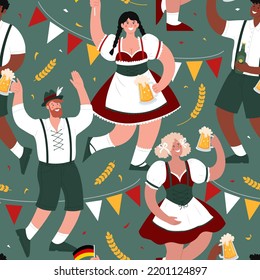 Oktoberfest. Festival de Cervezas. Patrón vectorial transparente de personas diversas.