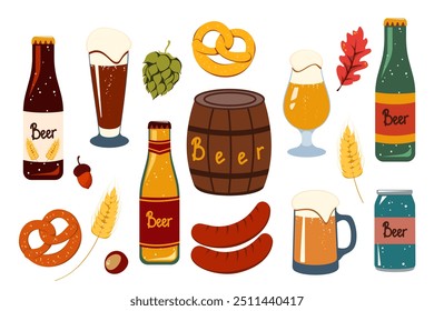 Oktoberfest-Bierfest. Biergläser, Salzbrezeln, Bier, Weizen, Hopfenzapfen, Fass. Vektorgrafik.