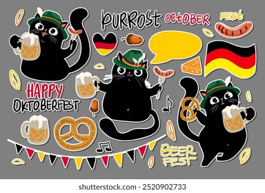 Oktoberfest Bierfest Kranken oder Abzeichen mit schwarzen Katzen, Set von Oktoberfest Vektordesign-Elemente. Vektor-EPS 10