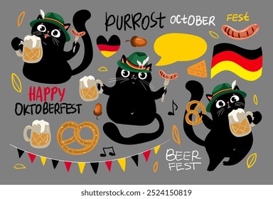 Oktoberfest Bierfest Kranken oder Abzeichen mit schwarzen Katzen, Set von Oktoberfest Vektordesign-Elemente. Vektor-EPS 10