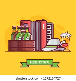 Oktoberfest beer festival symbols and elements concept. Full glass of craft beer with foam, accordion, case of bottles and traditional bavarian felt hat. Beer fest card or invitation template.
