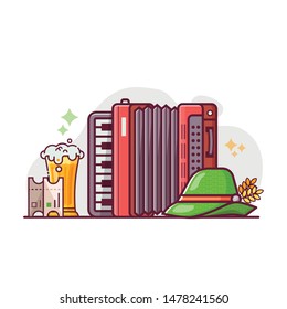 Oktoberfest beer festival symbols and elements concept. Full glass of craft beer with foam, accordion, and traditional bavarian felt hat. Beer fest card or invitation template.
