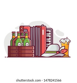 Oktoberfest beer festival symbols and elements concept. Full glass of craft beer with foam, accordion, case of bottles and traditional bavarian felt hat. Beer fest card or invitation template.