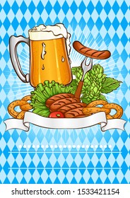 Oktoberfest beer festival template. Vector illustration with a glass of beer, grilled sausages, pretzels and hops. On the background of two-colored rhombuses. Pub, restaurant and bar design
