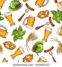 Oktoberfest beer festival template. Vector illustration with traditional festival elements: beer, sausages, pretzels, hat, hops.Seamless pattern isolated on white background. Pub,restaurant,bar design