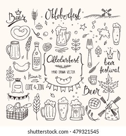 Oktoberfest beer festival traditional symbols in doodle style. Collection of hand drawn design elements and lettering for party flyer, invitation, greeting card, banner, poster templates.