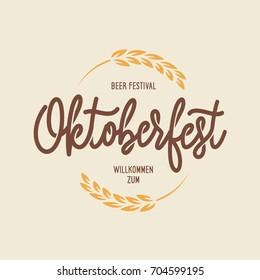 Oktoberfest beer festival typography emblem. Willkomen zum - Welcome in German. Beer related lettering. Hand crafted design elements for prints posters advertising. Vector vintage illustration.