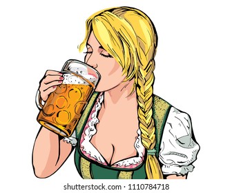 Oktoberfest Beer Festival. Vector illustration of a young girl holding a glass of beer in hand and a sipping sip.