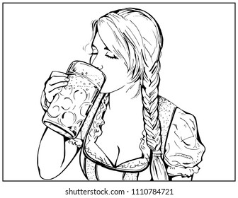 Oktoberfest Beer Festival. Vector illustration of a young girl holding a glass of beer in hand and a sipping sip.