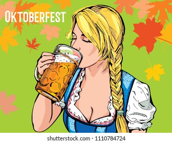 Oktoberfest Beer Festival. Vector illustration of a young girl holding a glass of beer in hand and a sipping sip.