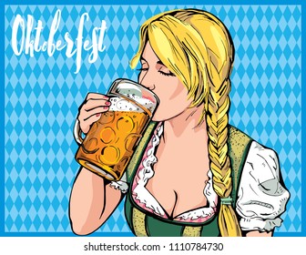 Oktoberfest Beer Festival. Vector illustration of a young girl holding a glass of beer in hand and a sipping sip.