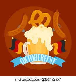 Festival de cerveza Oktoberfest. Ilustración vectorial de una taza de aperitivos de cerveza y cerveza.