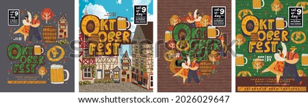 Oktoberfest. Beer festival. Vector illustration of a German street, mugs of beer, dancing people, bagels. Drawings for poster, flyer or invitation