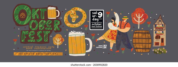 Oktoberfest. Beer festival. Vector illustrations of objects: beer mug, dancing people, barrel, German house, bread, tree Drawings for poster, flyer or invitation