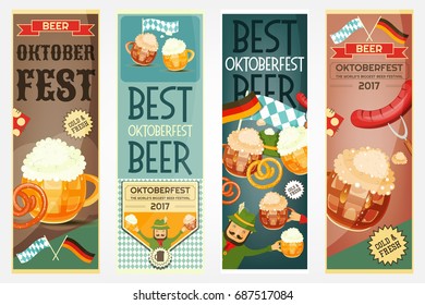 Oktoberfest Beer Festival Vertical  Banners Set - Beer Mugs with Foam, Sausage and  Pretzel. Vector Illustration.