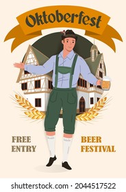 Oktoberfest Beer Festival Vintage Poster. A man in a national German costume with a mug of beer on the background of a traditional house. Flat vector illustration. 