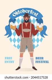 Oktoberfest beer festival vintage poster. Smiling man in traditional German national clothes with glasses of beer in his hands. Flat vector illustration. 