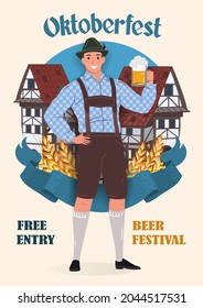 Oktoberfest beer festival vintage poster. A man in a traditional Bavarian national costume with a mug of beer on the background of rural houses. Flat vector illustration. 