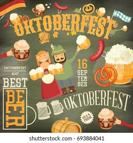 Oktoberfest Beer Festival Vintage Poster - Beer Mugs with Foam, Sausage, Pretzel on Grunge Background. Vector Illustration.