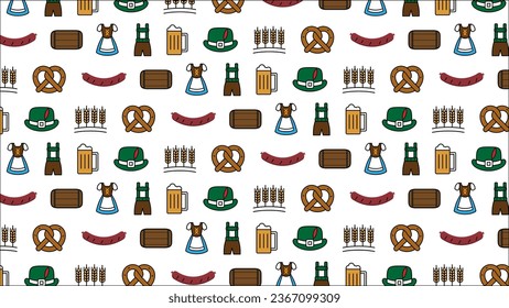 Oktoberfest Beer Festival Wallpaper Geschenkverpackung Symbole Set. Bier, gegrillte Wurst, Trachten, Brezel, Fass, Hut, Gerste und Tee. Vektorgrafik. 