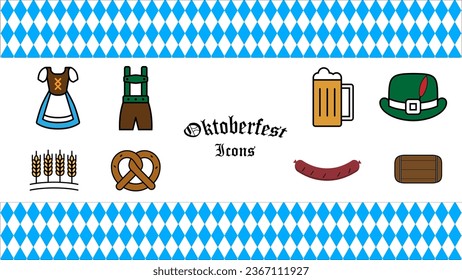 Juego de iconos de envoltura de regalo del Festival de Cervezas Oktoberfest. Cerveza, salchichas a la parrilla, vestuario, pretzel, barril, sombrero, cebada y mascotas. Ilustración vectorial. 