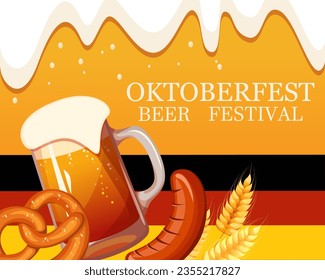 Oktoberfest, beer festival.Background with beer, sausages, pretzels.Vector illustration.
