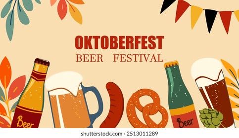 Oktoberfest, Bierfest.Hintergrund mit Bier, Würstchen, Brezeln.Vektorgrafik.